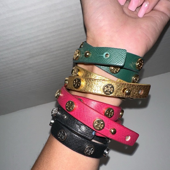 6 Tory Burch Leather Wrap Bracelet Stud Red Green Silver Black Gold Pink Set of6 - Picture 8 of 10